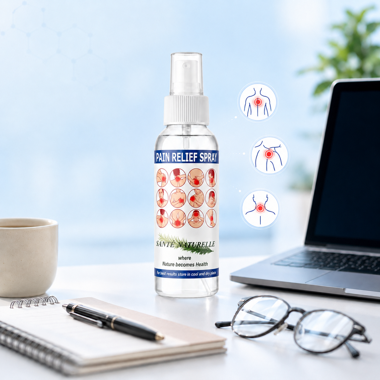 Santé Naturelle Pain Relief Spray — At the desk